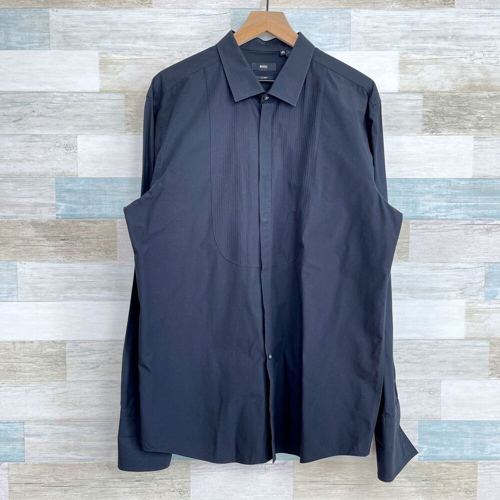 Hugo Boss Spread Collar Bib Front Dress Shirt Black Solid Slim Fit Mens 18 34 35